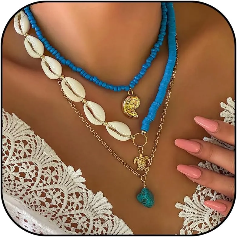 HUASAI Shell Necklace for Women Trendy Layered Starfish Necklace White Seashell Jewelry Summer Outfits for Women Beach Jewelry Accessories Beach Vacation Essentials