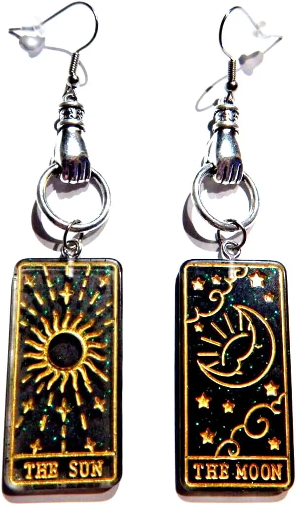 Hypoallergenic Fortune Teller The Sun & Moon Tarot Card Earrings silvertone mystic figa fist and gold & black glitter card pendants