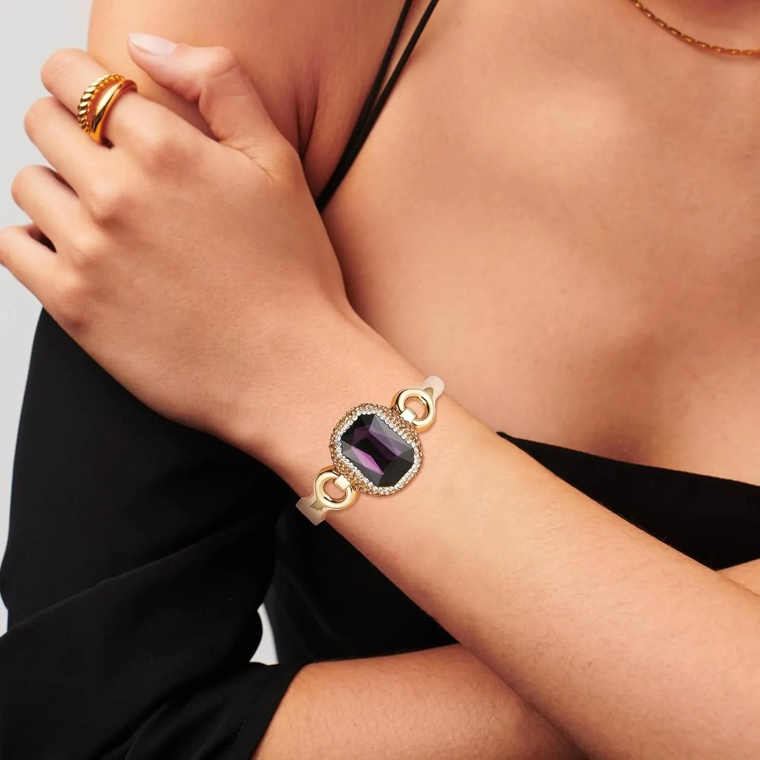 HZMAN Crystal Bracelet for Women 18K Gold Plated Cuff Bracelet Retro Large Size Antique Rhinestone Bracelet Jewelry Gift