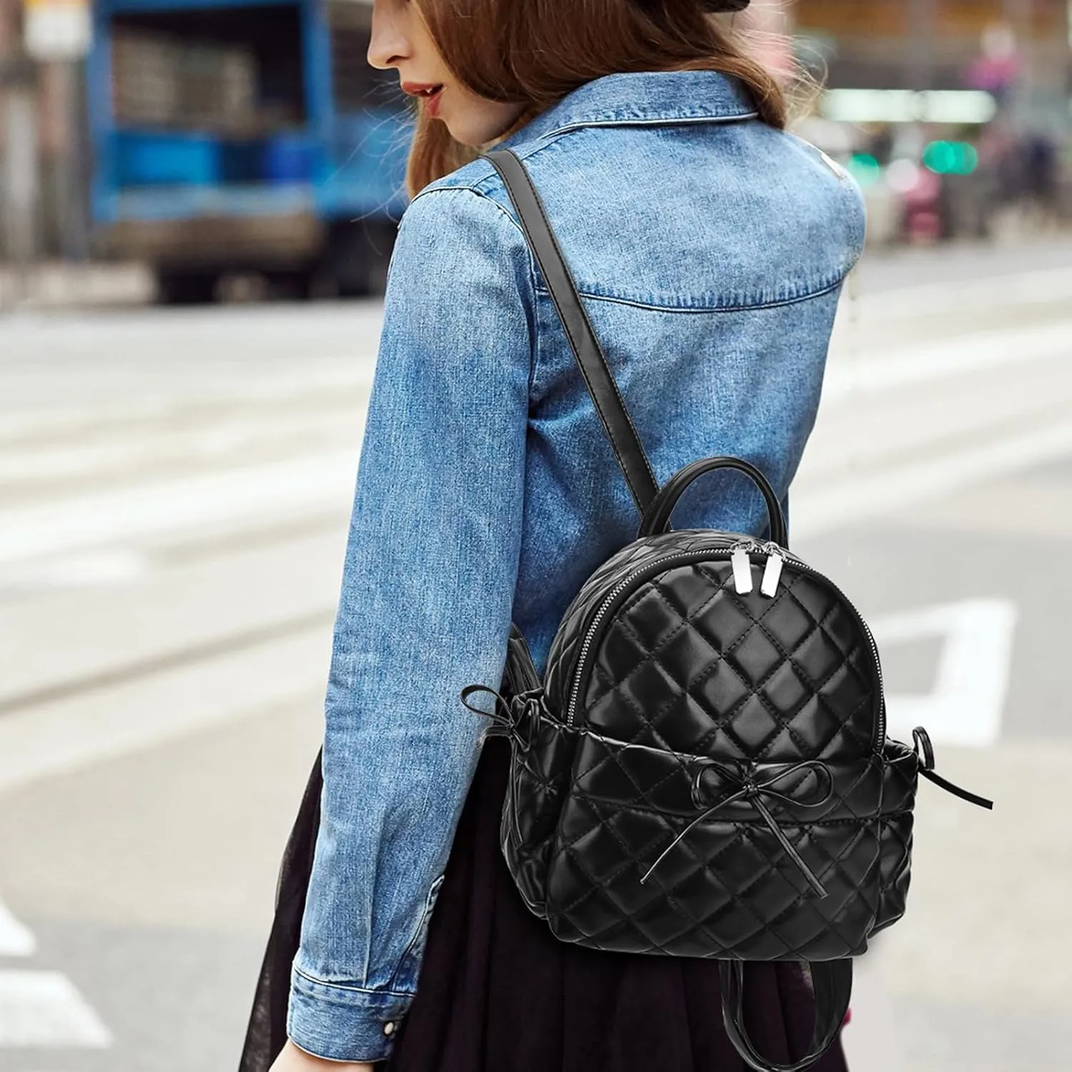 I IHAYNER Mini Backpack for Women Quilted Leather Backpack Bowknot Small Backpack for Ladies Travel Purse and Shoulder Bag Black