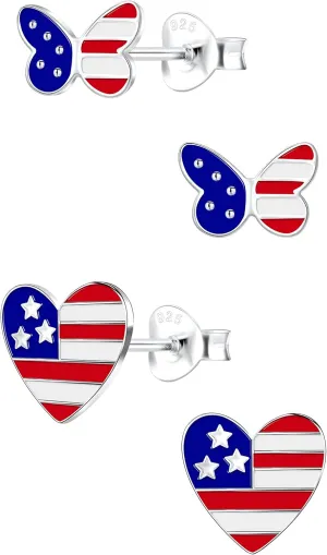 ICYROSE 925 Sterling Silver set of 2 Pairs American USA Flag 4th of July Stud Earrings