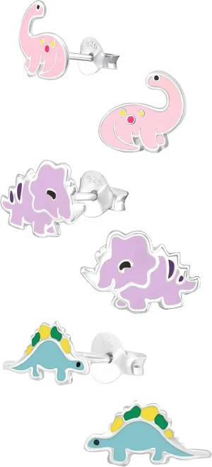 ICYROSE 925 Sterling Silver Set of 3 Pairs Assorted Dinosaur and Friends Stud Earrings (Nickel Free) Choice