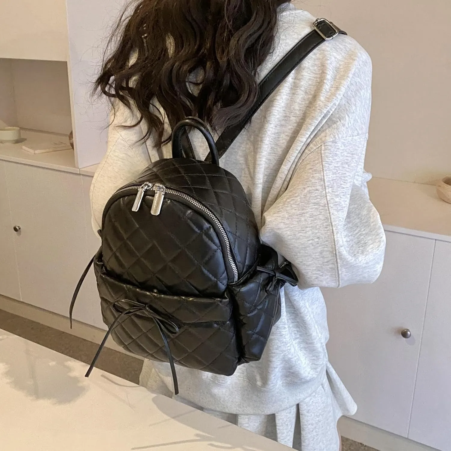 IHAYNER Mini Quilted Leather Backpack - Bowknot Small Backpack for Ladies Travel Purse and Shoulder Bag - Beige