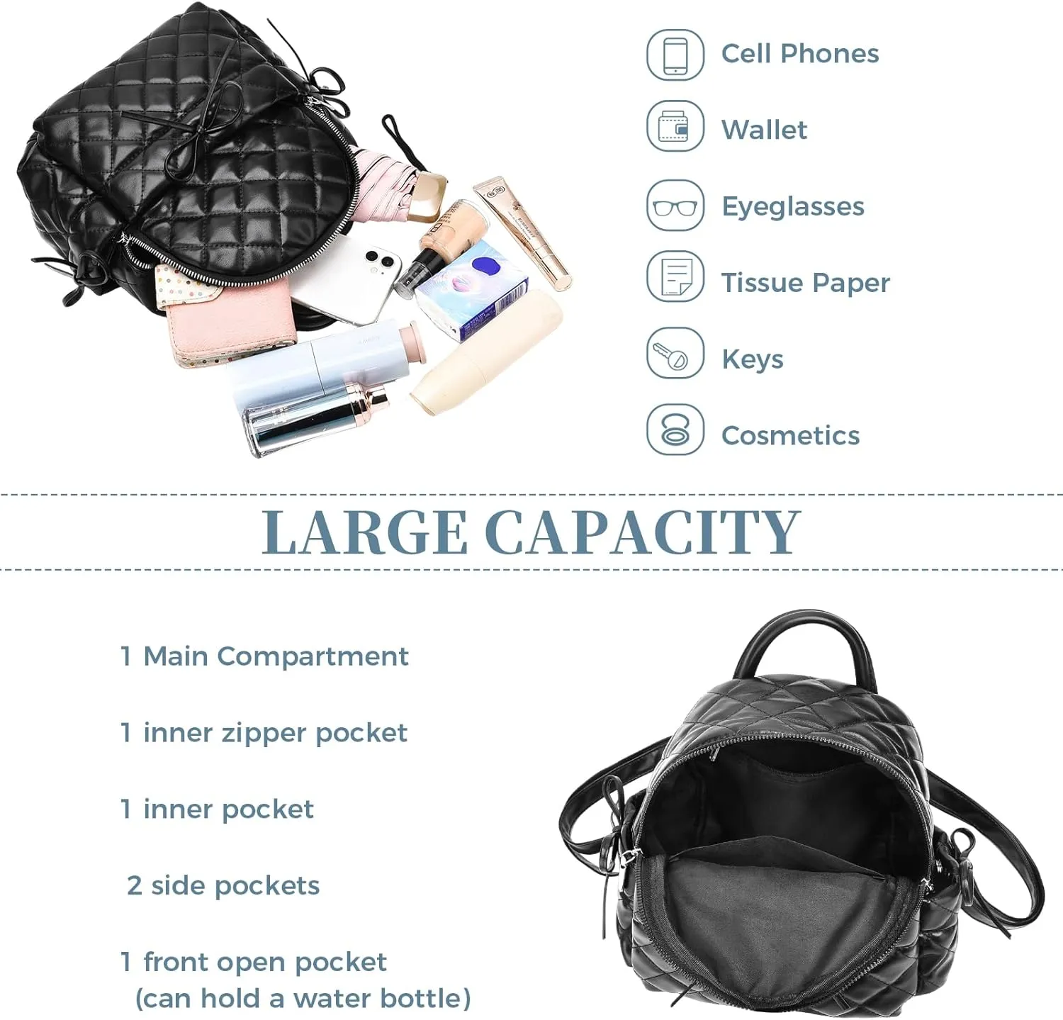 IHAYNER Mini Quilted Leather Backpack - Bowknot Small Ladies Travel Purse and Shoulder Bag - Pink