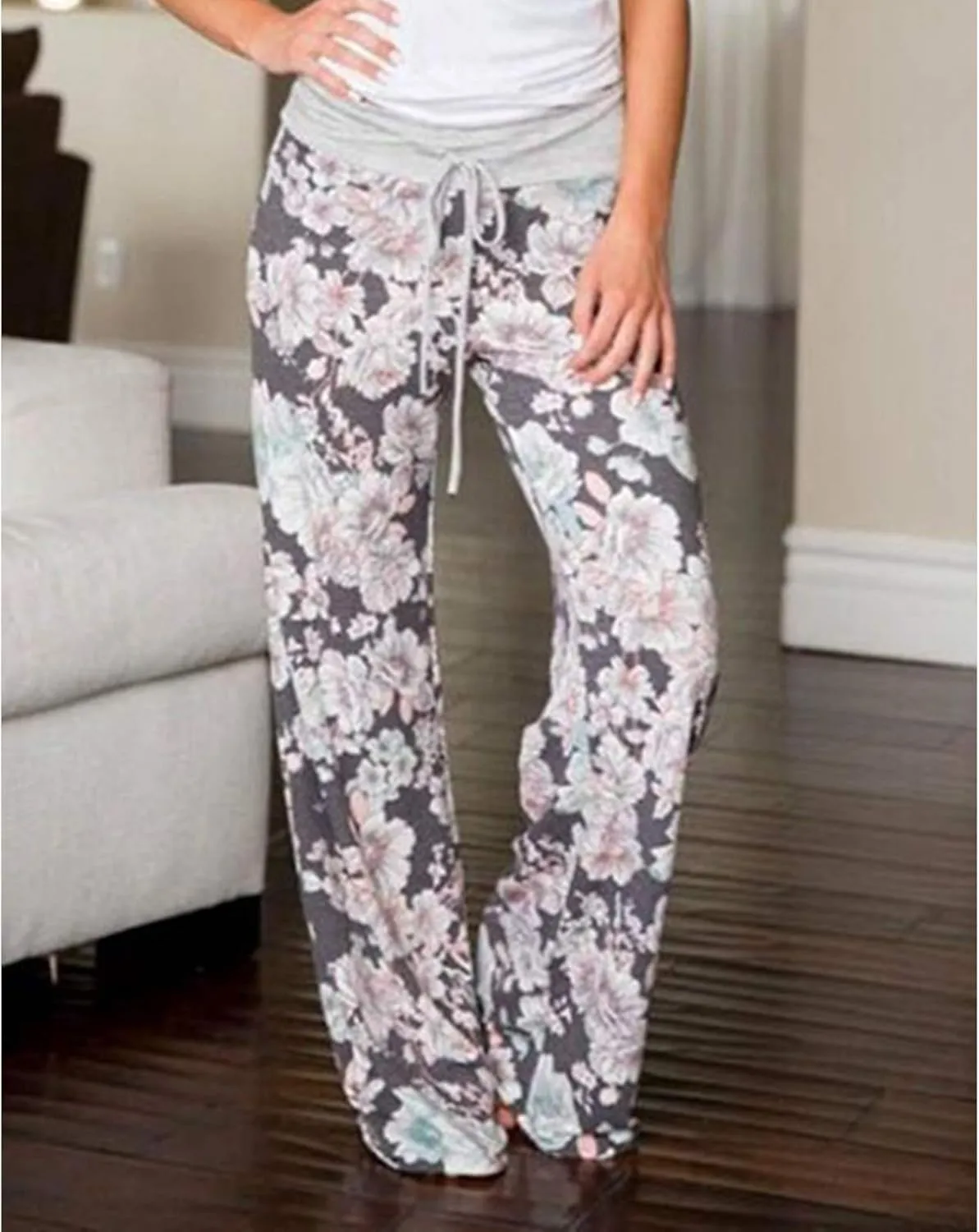 iniber Women's Comfy Pajama Pants Casual Lounge Pant Wide Leg Palazzo Stretch Drawstring Bottoms