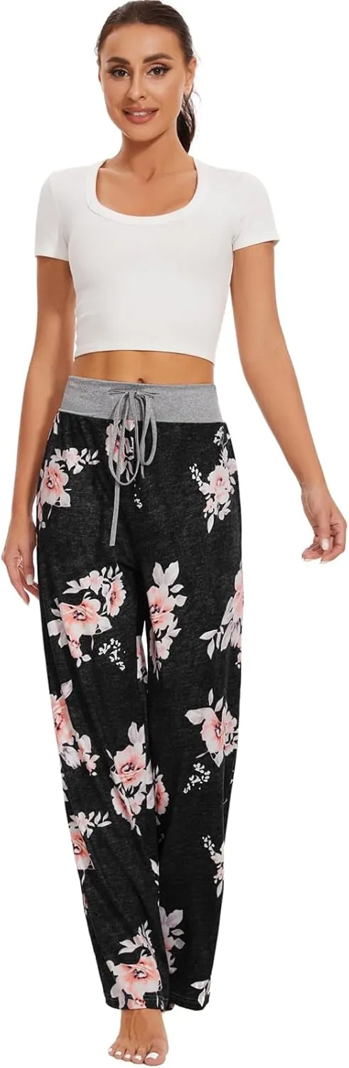 iniber Women's Comfy Pajama Pants Casual Lounge Pant Wide Leg Palazzo Stretch Drawstring Bottoms