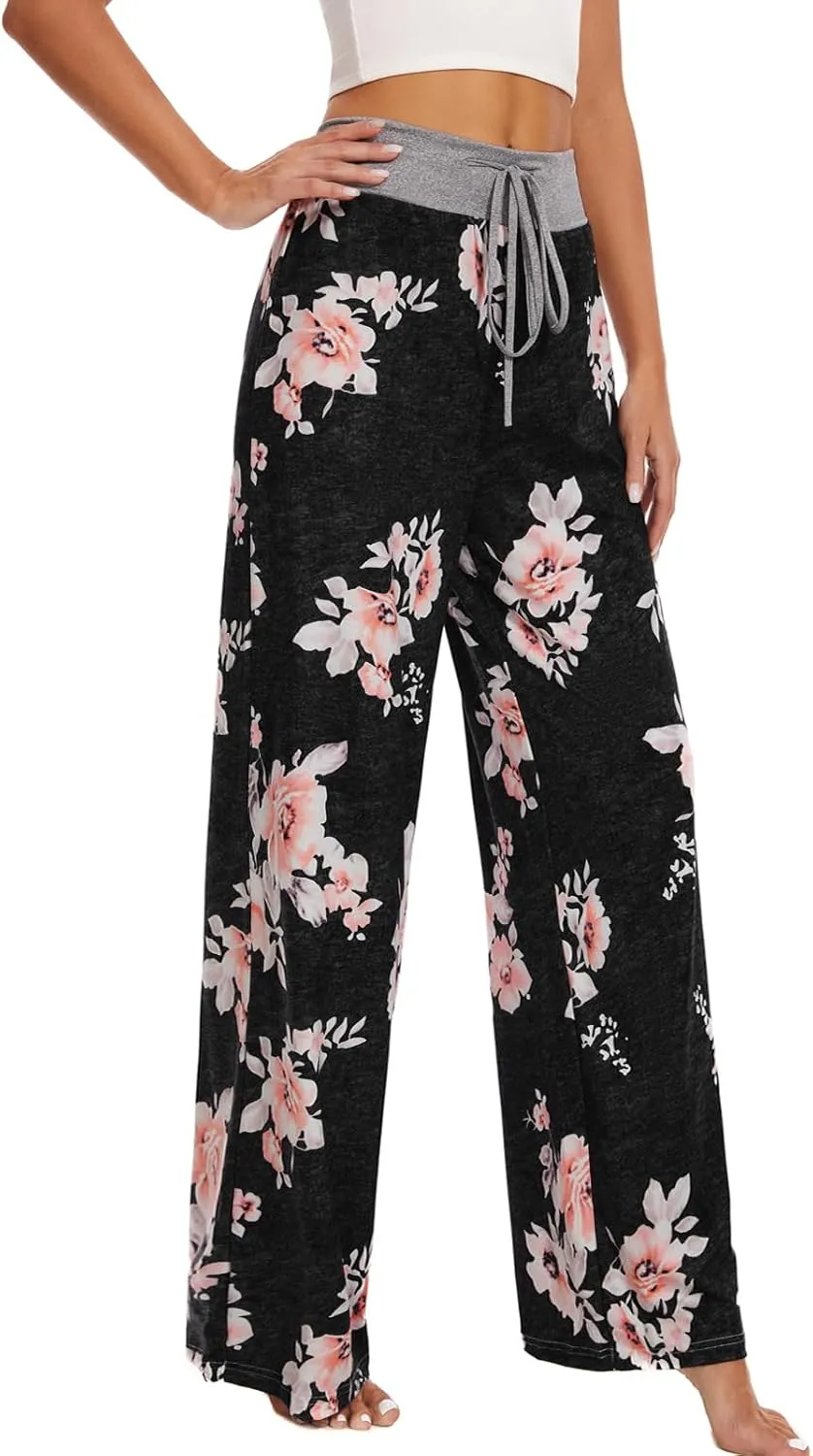 iniber Women's Comfy Pajama Pants Casual Lounge Pant Wide Leg Palazzo Stretch Drawstring Bottoms