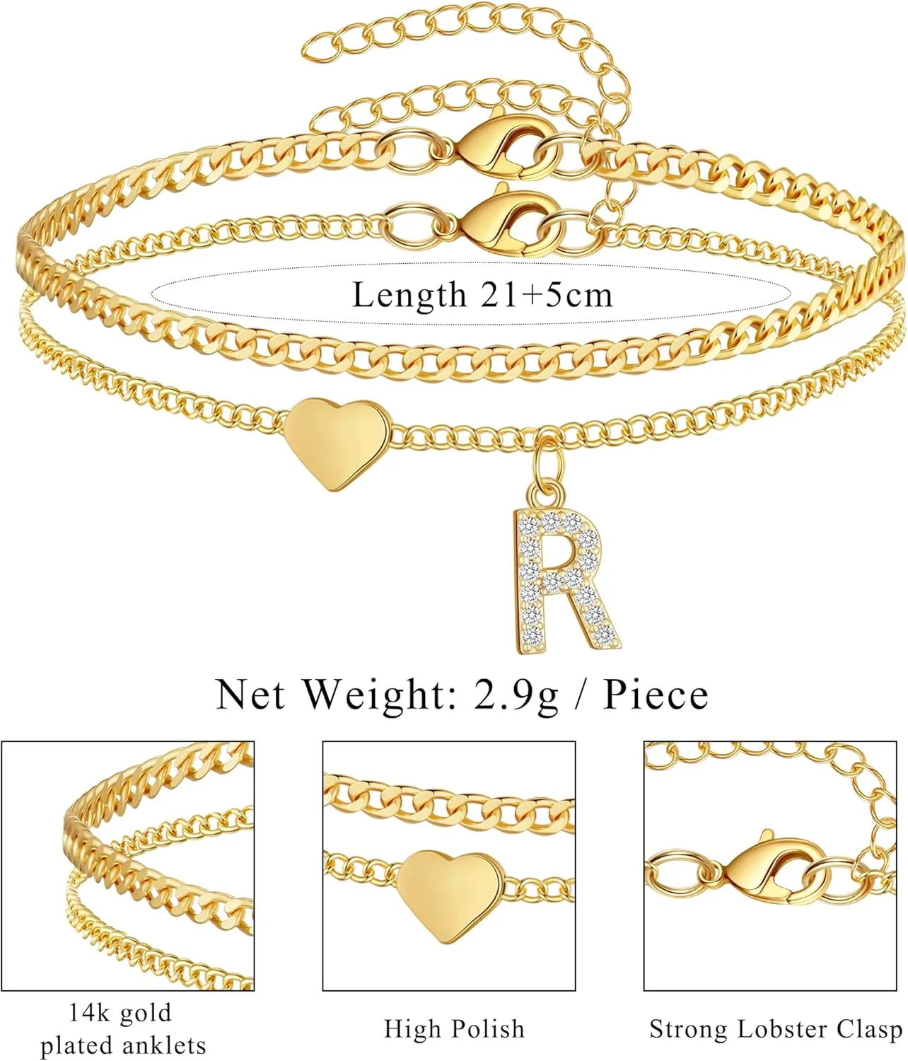 Initial Ankle Bracelets for Women 14K Gold Plated Dainty Layered Letter Heart Initial Anklet Bracelets Summer Beach Jewelry for Women