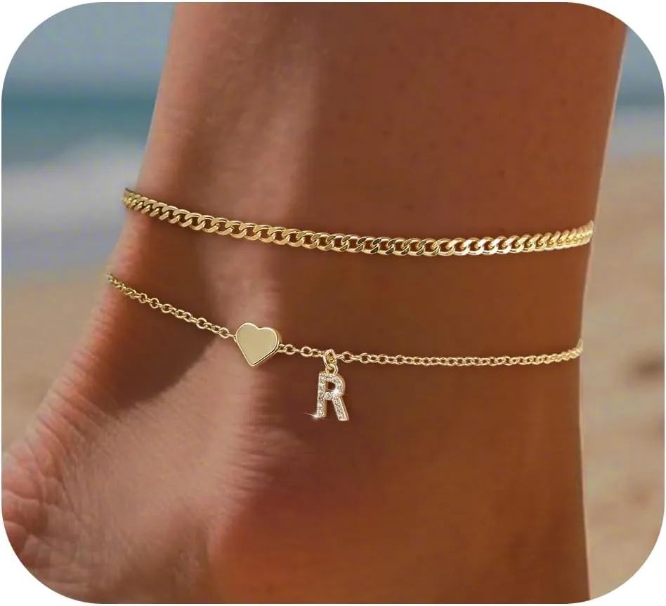 Initial Ankle Bracelets for Women 14K Gold Plated Dainty Layered Letter Heart Initial Anklet Bracelets Summer Beach Jewelry for Women