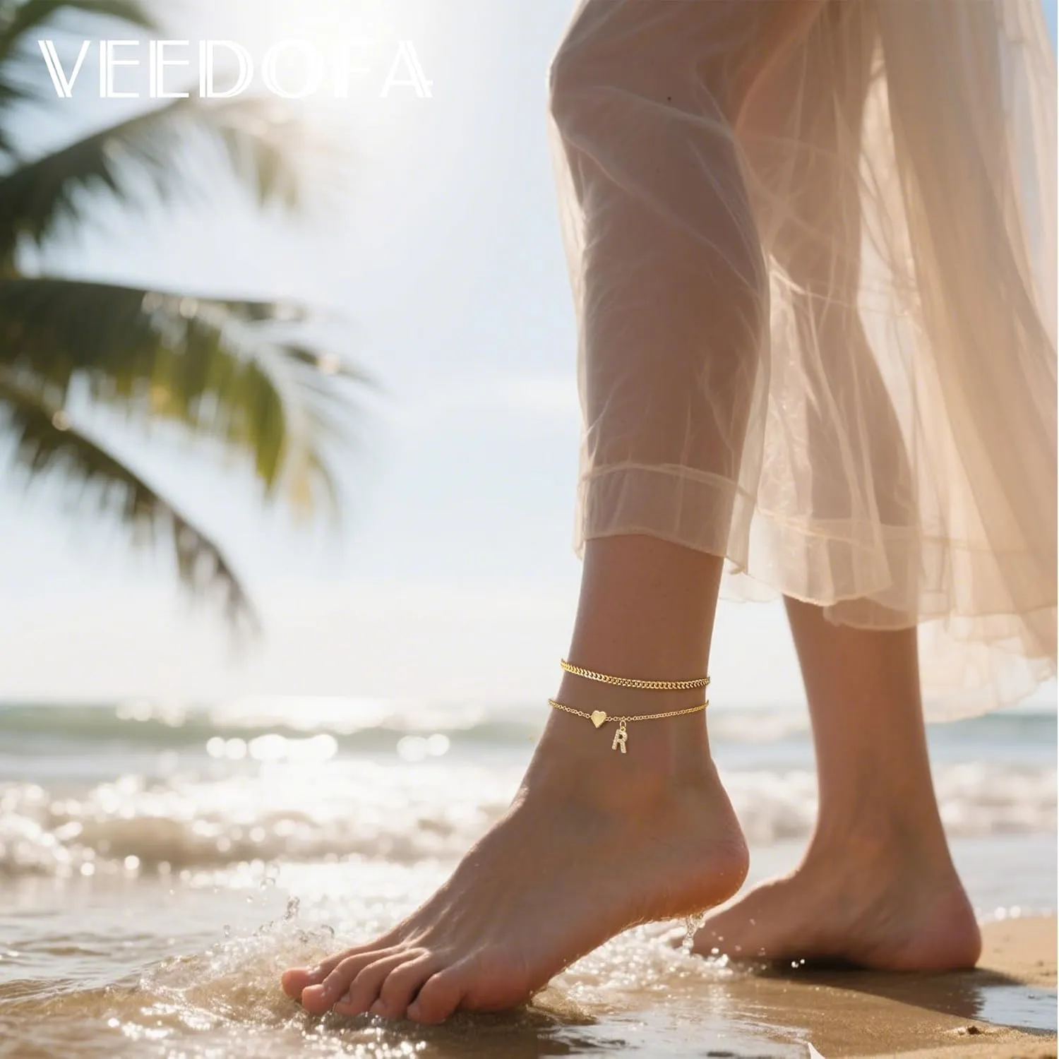 Initial Ankle Bracelets for Women 14K Gold Plated Dainty Layered Letter Heart Initial Anklet Bracelets Summer Beach Jewelry for Women