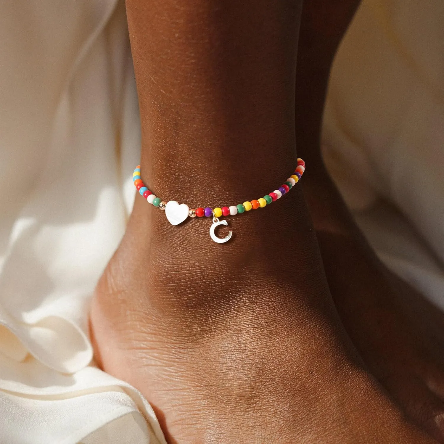 Initial Ankle Bracelets for Women - Cute Heart Charm Anklets, 14K Gold Plated Letter Colorful Beads Anklet | Summer Beach Trendy Jewelry | 2025 Personalized Birthday Gifts for Her