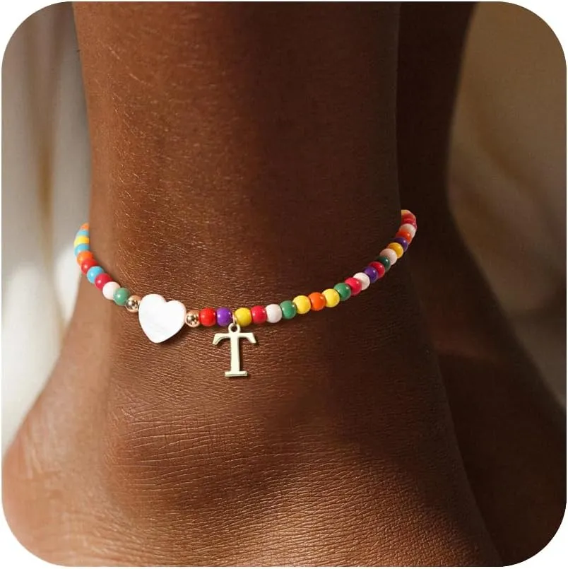 Initial Ankle Bracelets for Women - Cute Heart Charm Anklets, 14K Gold Plated Letter Colorful Beads Anklet | Summer Beach Trendy Jewelry | 2025 Personalized Birthday Gifts for Her