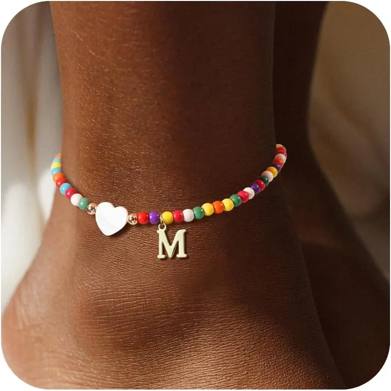 Initial Ankle Bracelets for Women - Cute Heart Charm Anklets, 14K Gold Plated Letter Colorful Beads Anklet | Summer Beach Trendy Jewelry | 2025 Personalized Birthday Gifts for Her