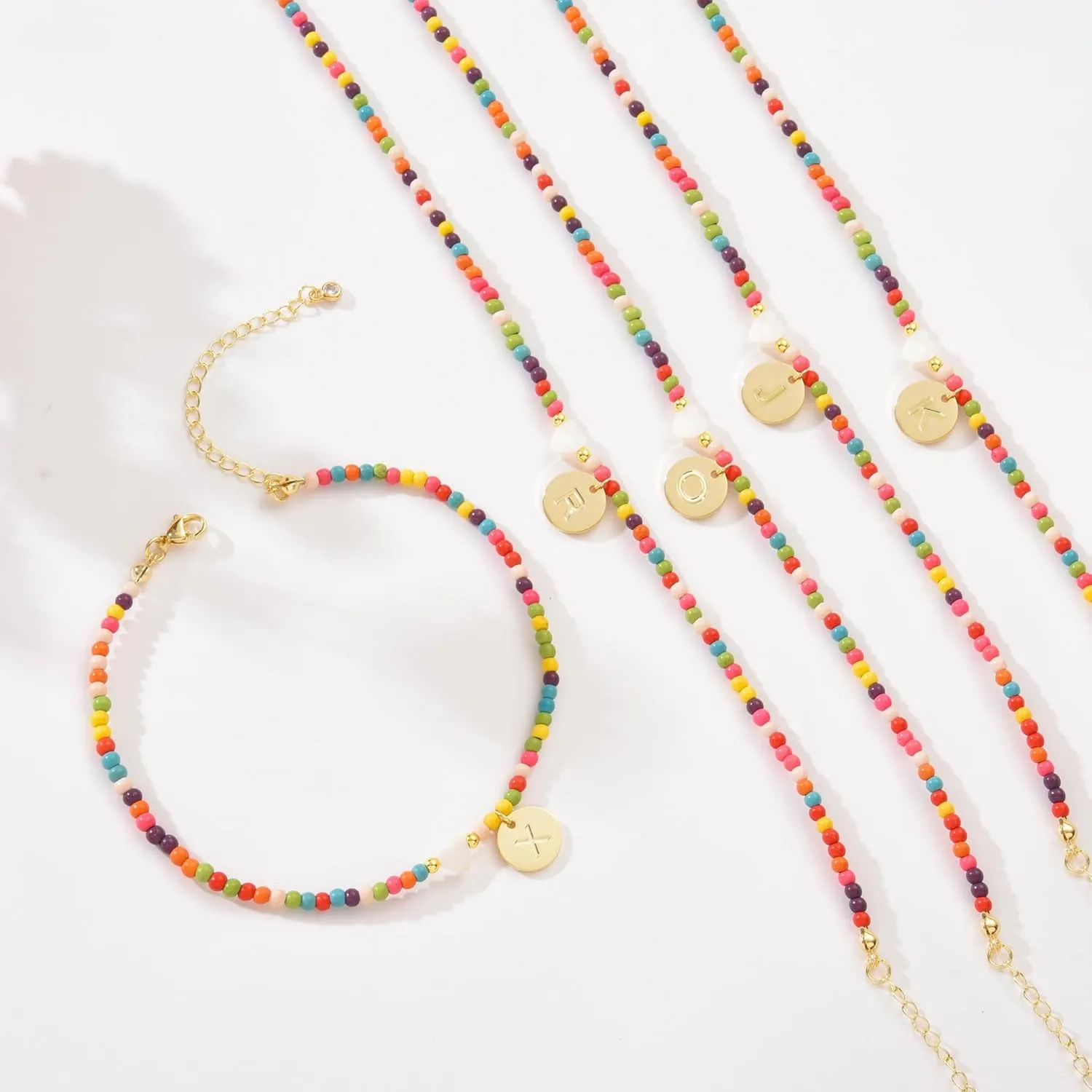 Initial Anklets for Women Handmade Beaded Ankle Bracelets 14K Gold Letter Initial Heart Anklet Boho Colorful Beads Ankle Bracelets Summer Beach Foot Jewelry Gift
