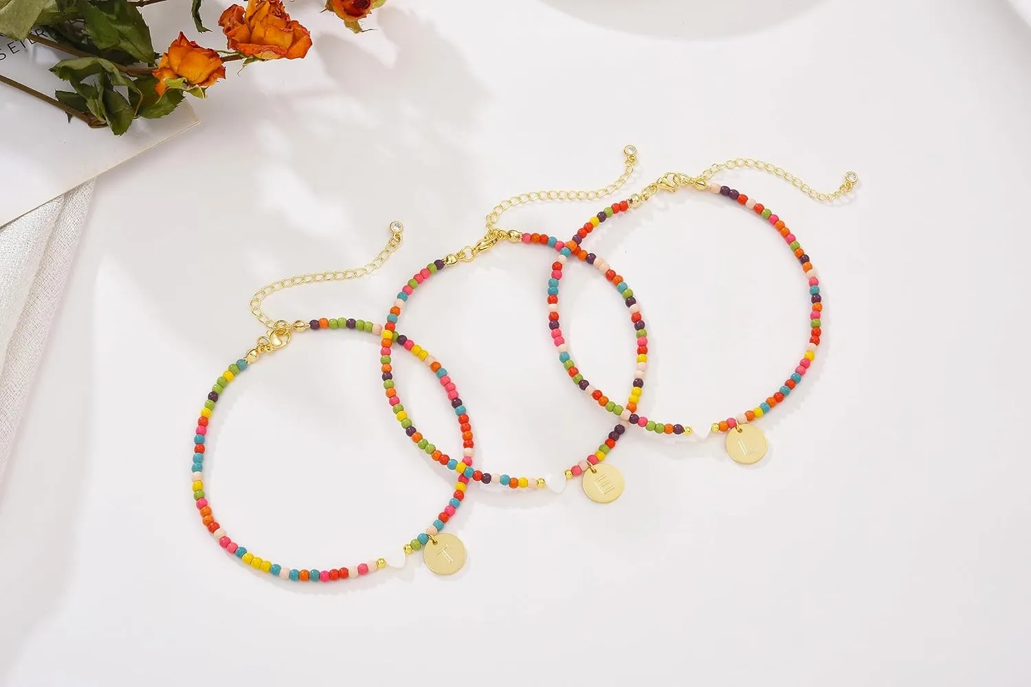 Initial Anklets for Women Handmade Beaded Ankle Bracelets 14K Gold Letter Initial Heart Anklet Boho Colorful Beads Ankle Bracelets Summer Beach Foot Jewelry Gift