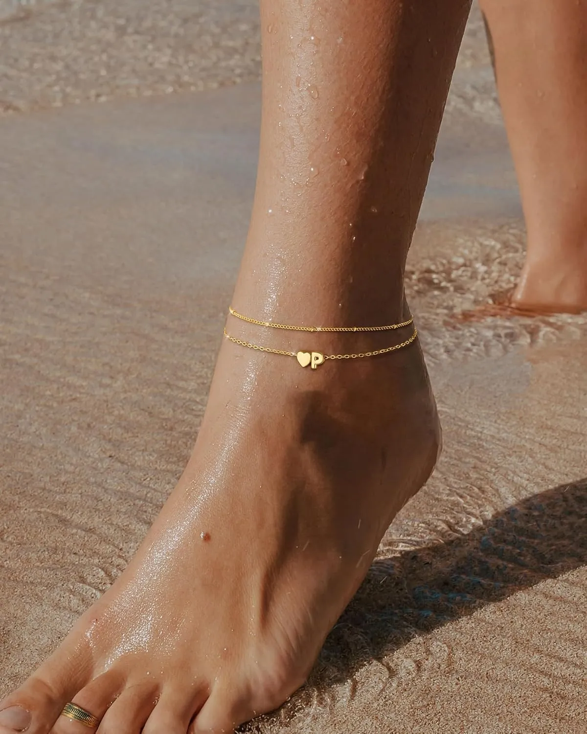 Initial Heart Gold Ankle Bracelets for Women Trendy 14K Gold Plated Dainty Layered Letter A-Z Heart Charm Anklets Set Non Tarnish Adjustable Anklet Handmade Waterproof for Summer Beach Foot Jewelry