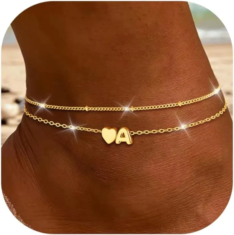 Initial Heart Gold Ankle Bracelets for Women Trendy 14K Gold Plated Dainty Layered Letter A-Z Heart Charm Anklets Set Non Tarnish Adjustable Anklet Handmade Waterproof for Summer Beach Foot Jewelry