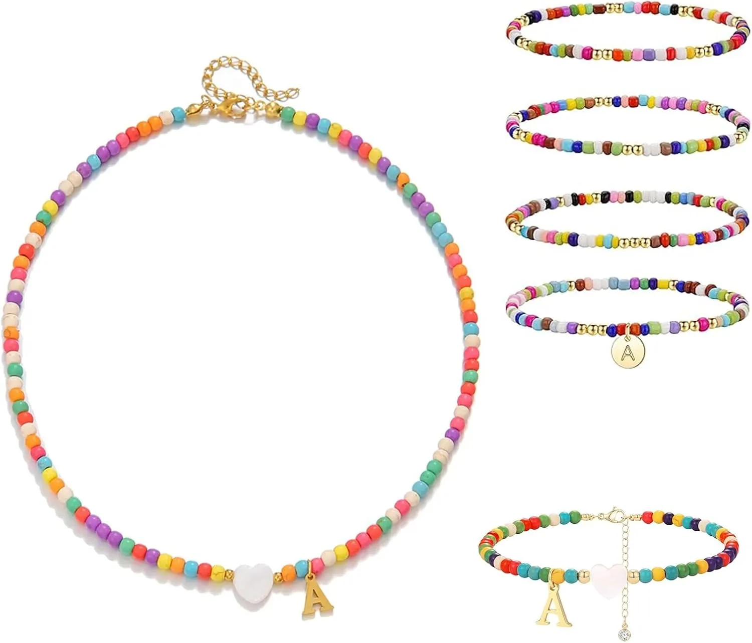 Initial Jewelry Set for Women - Colorful Beaded Necklace,Bracelet & Anklet Gift Set | Trendy Personalized Letter Choker,Stretch Bracelet & Adjustable Boho Anklet | Cute Matching Trio for Women,Best Friend