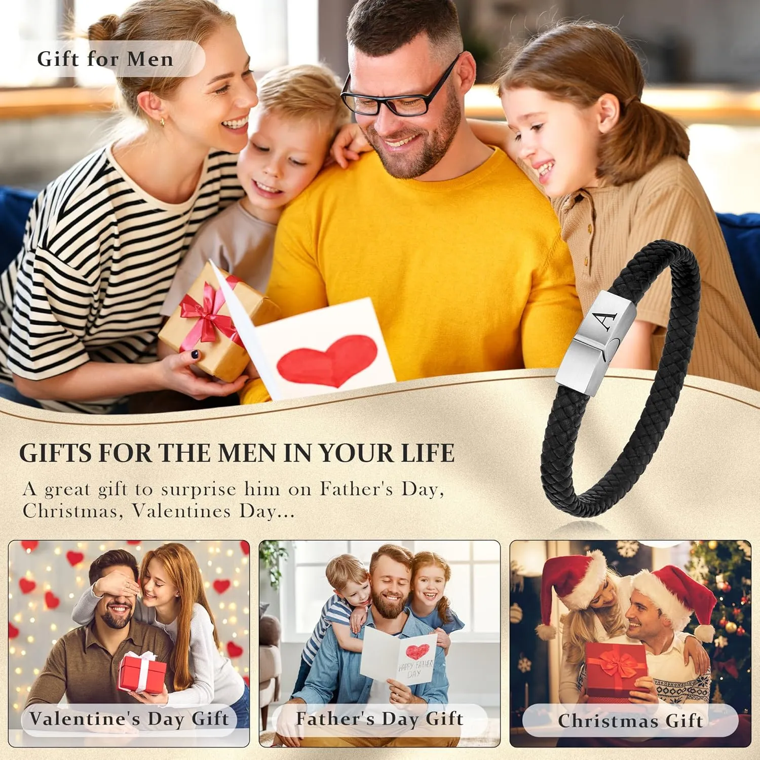 Initial Leather Bracelet for Men - Premium Genuine Leather Adjustable Stainless Steel Magnetic Clasp Mens Initial Bracelet, Unique Gifts for Men Husband Dad Son