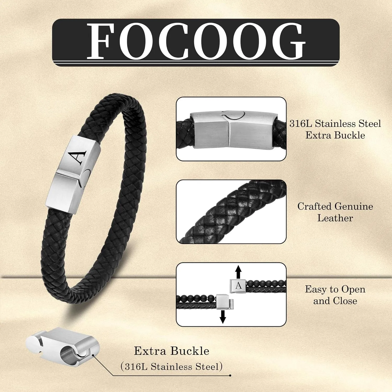 Initial Leather Bracelet for Men - Premium Genuine Leather Adjustable Stainless Steel Magnetic Clasp Mens Initial Bracelet, Unique Gifts for Men Husband Dad Son