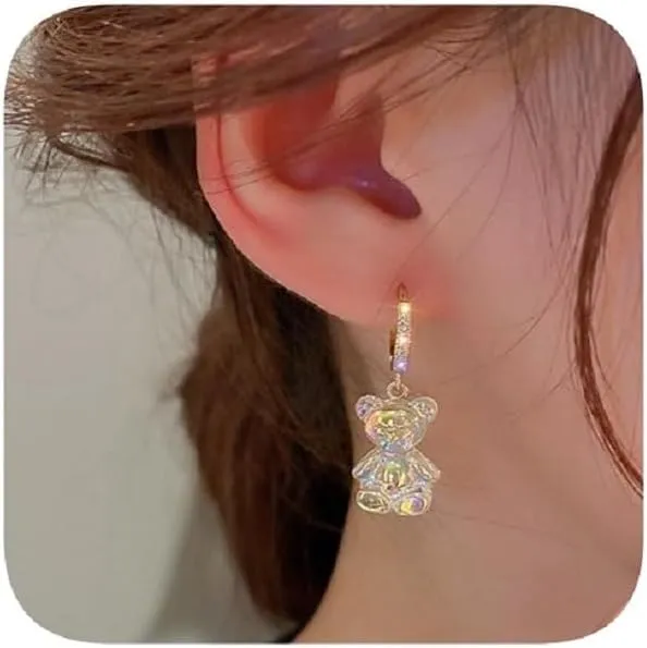 Iridescent Crystal Bear Drop Earrings, Gold-Plated Huggie Hoops with Rhinestones, Rainbow Effect