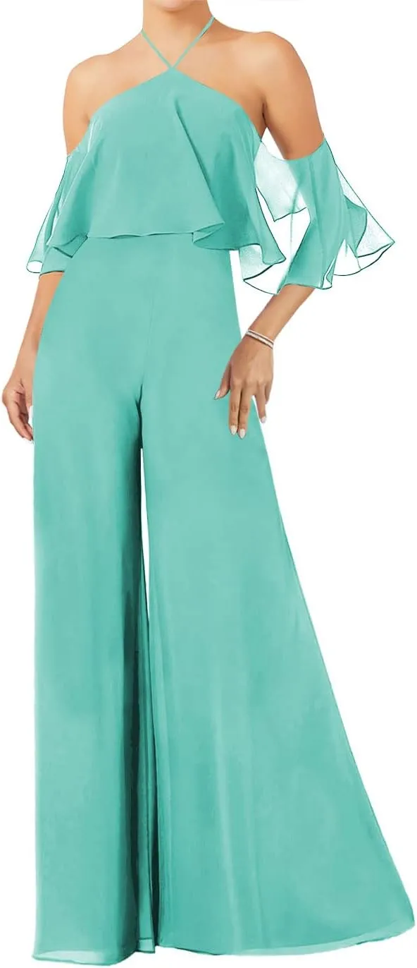 ISABUFEI Bridesmaid Dresses Long Jumpsuits for Women Chiffon Bridesmaid Pantsuits for Wedding Halter Neck Evening Gowns