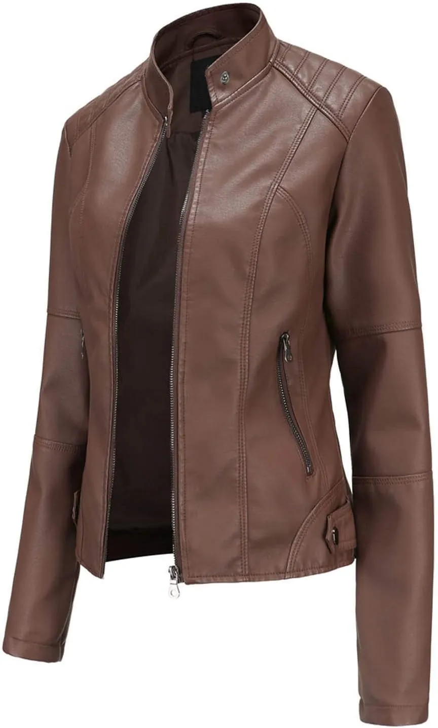 Jacket Slim Solid Women's Color Zipper Leather Stand Up Stitching Women's Coat Womens Winter Jacket Long