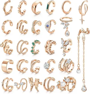 JeryWe 27 Pcs Ear Cuffs for Women Non Piercing, 14K Real Gold Plated Clip On Earrings CZ Cartilage Ear Cuff Earrings for Women Fake Piercing Earrings Ear Clips