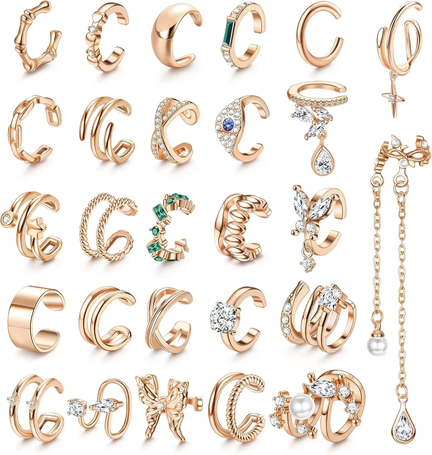 JeryWe 27 Pcs Ear Cuffs for Women Non Piercing, 14K Real Gold Plated Clip On Earrings CZ Cartilage Ear Cuff Earrings for Women Fake Piercing Earrings Ear Clips