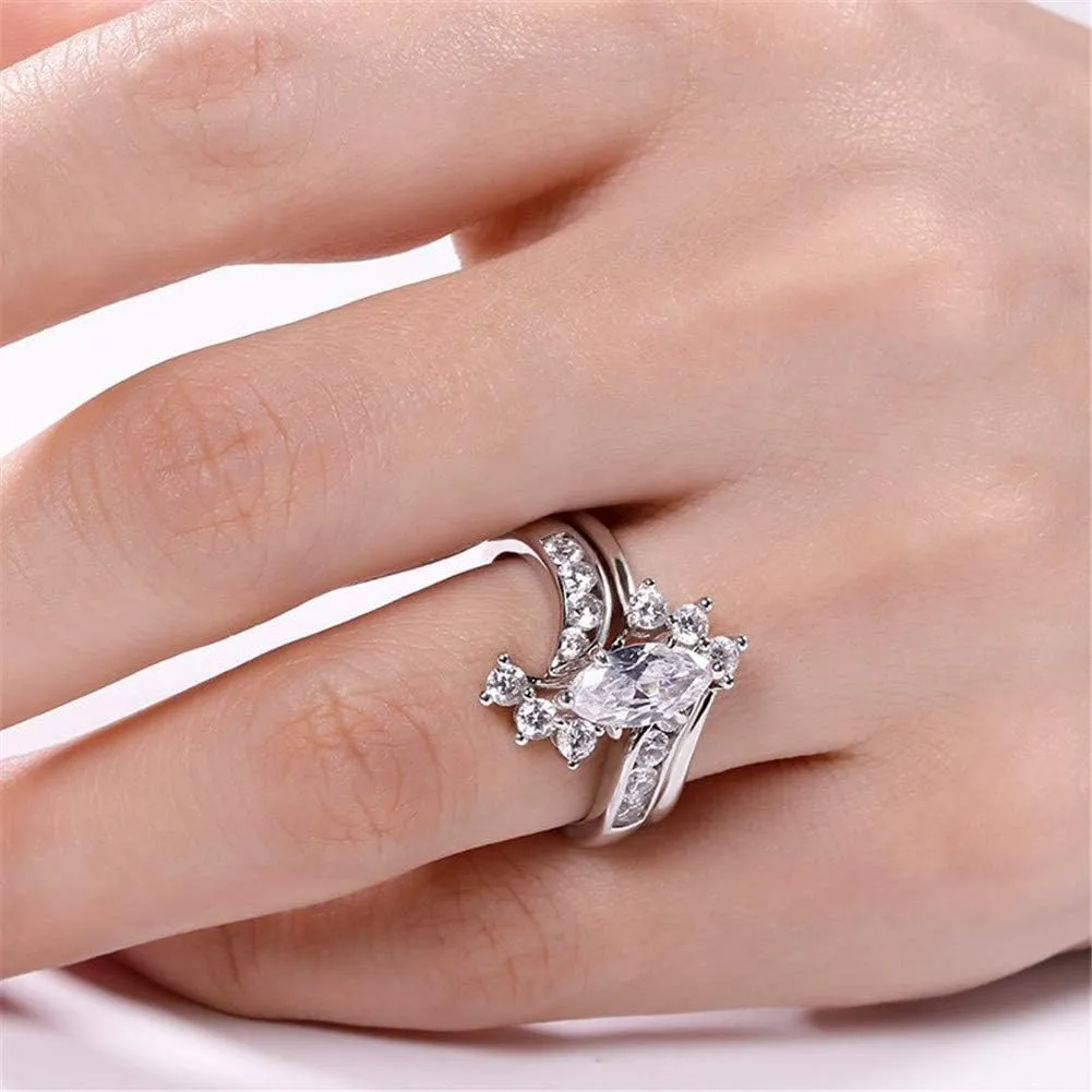 Jeulia Marquise Cut Wedding Set Sterling Silver Bypass Rings with Cubic Zirconia White Diamond Solitaire Engagement Rings Promise Anniversary with Gift Box
