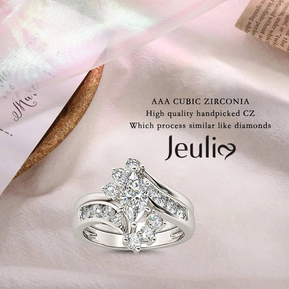 Jeulia Marquise Cut Wedding Set Sterling Silver Bypass Rings with Cubic Zirconia White Diamond Solitaire Engagement Rings Promise Anniversary with Gift Box