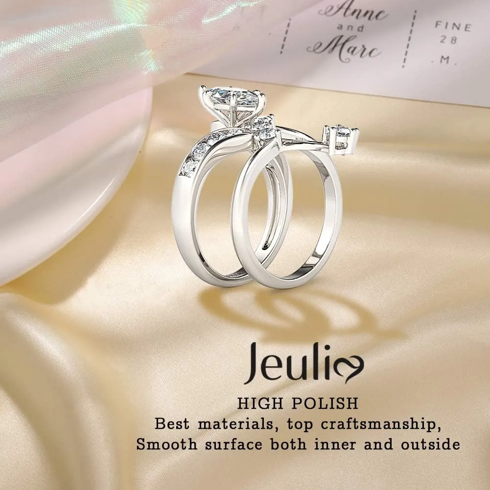 Jeulia Marquise Cut Wedding Set Sterling Silver Bypass Rings with Cubic Zirconia White Diamond Solitaire Engagement Rings Promise Anniversary with Gift Box