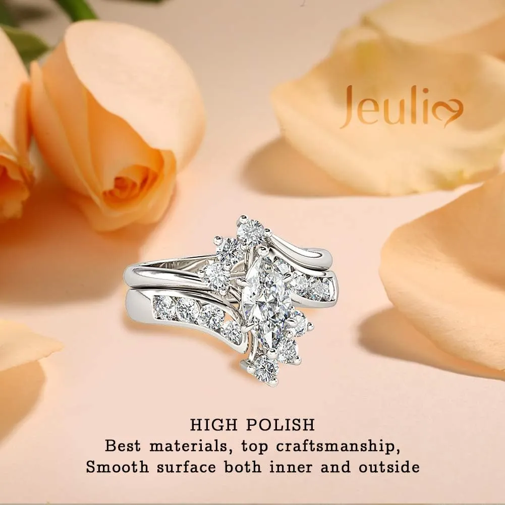 Jeulia Marquise Cut Wedding Set Sterling Silver Bypass Rings with Cubic Zirconia White Diamond Solitaire Engagement Rings Promise Anniversary with Gift Box