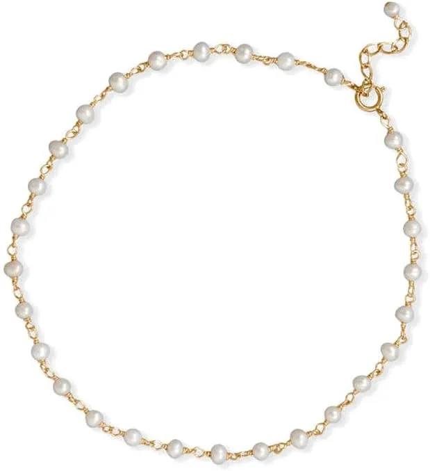 JewelryWeb 14k Gold Plated 925 Sterling Silver 9.5 Inch   1 Inch Pearl Bead Anklet Hand Beaded Chain a Spring-Ring Closure-Anklet for Women and Men