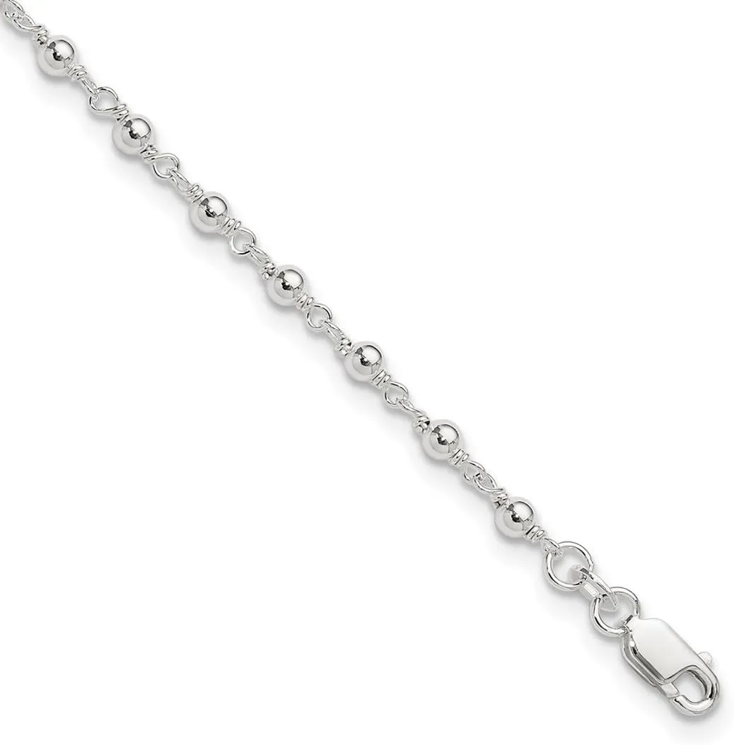JewelryWeb 925 Sterling Silver Polished Fancy Bead Anklet 10 Inch Lobster Claw-Anklet for Women