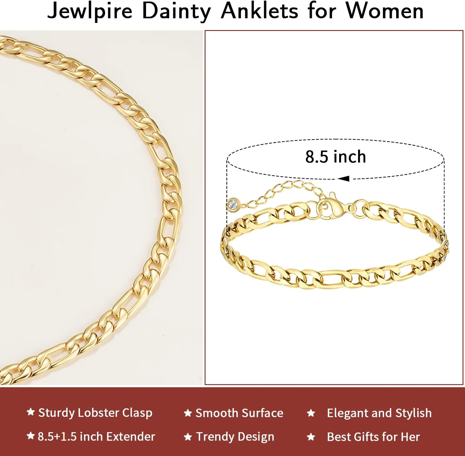 Jewlpire Solid 18K Over Gold Anklet for Women,Gold Anklets for Women Layered/Tennis/Paperclip Link/Herringbone/Evil Eye/Cuban/Mariner/Figaro/Cross/Beaded/Box Anklet Bracelets Trendy Jewelry