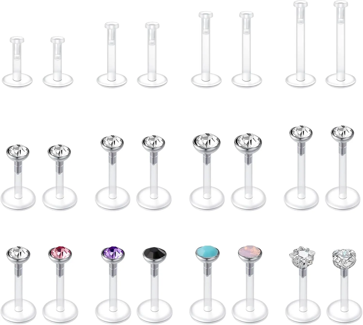 JFORYOU 16G 24Pcs Clear Lip Labret Medusa Piercing Studs Jewelry Flat Plastic Back Lip Rings Retainer Push Fit Bioflex Piercing for Monroe Ashelry Tragus Helix 6mm 8mm 10mm 12mm for Work