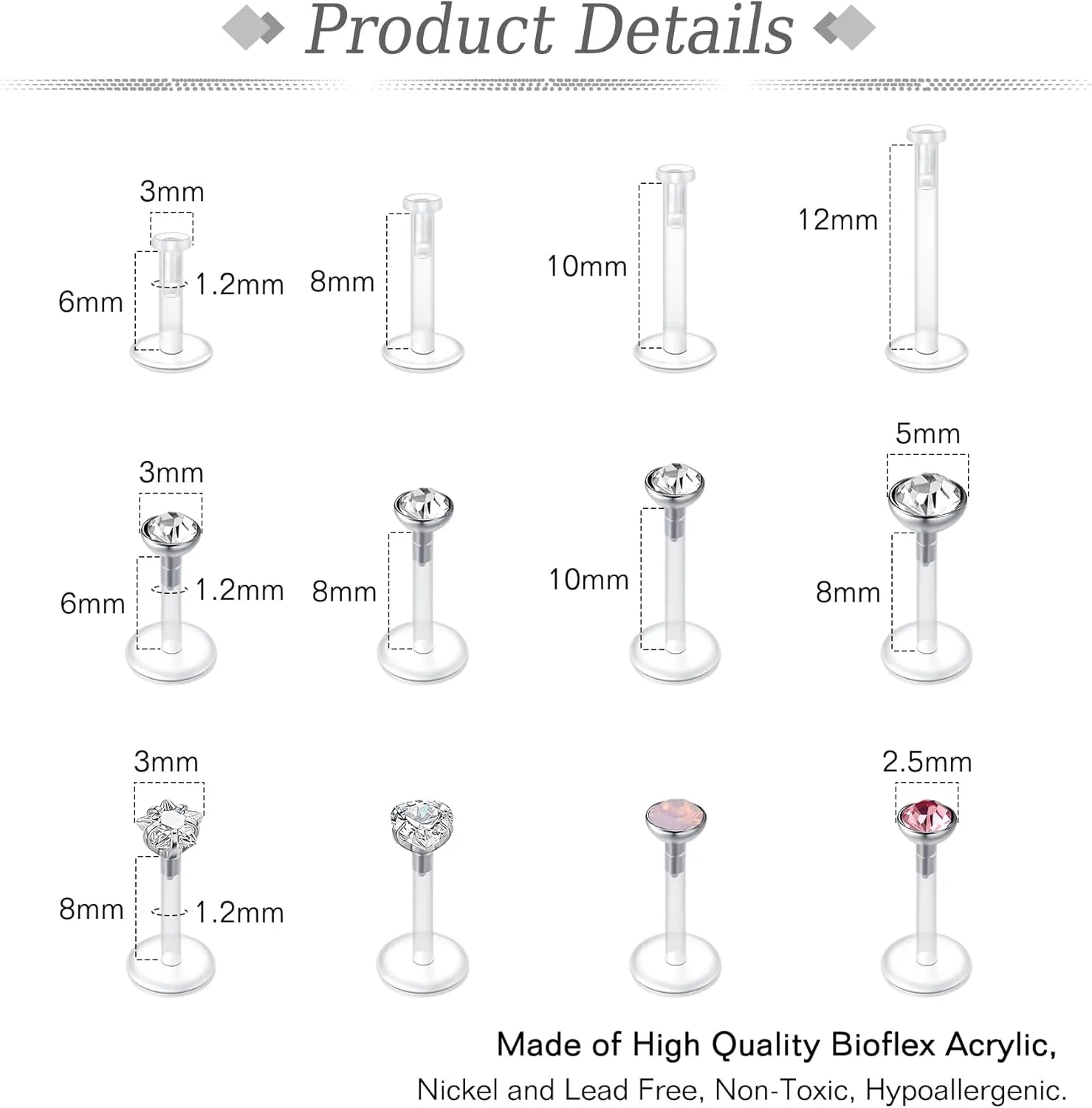 JFORYOU 16G 24Pcs Clear Lip Labret Medusa Piercing Studs Jewelry Flat Plastic Back Lip Rings Retainer Push Fit Bioflex Piercing for Monroe Ashelry Tragus Helix 6mm 8mm 10mm 12mm for Work