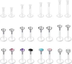 JFORYOU 16G 24Pcs Clear Lip Labret Medusa Piercing Studs Jewelry Flat Plastic Back Lip Rings Retainer Push Fit Bioflex Piercing for Monroe Ashelry Tragus Helix 6mm 8mm 10mm 12mm for Work