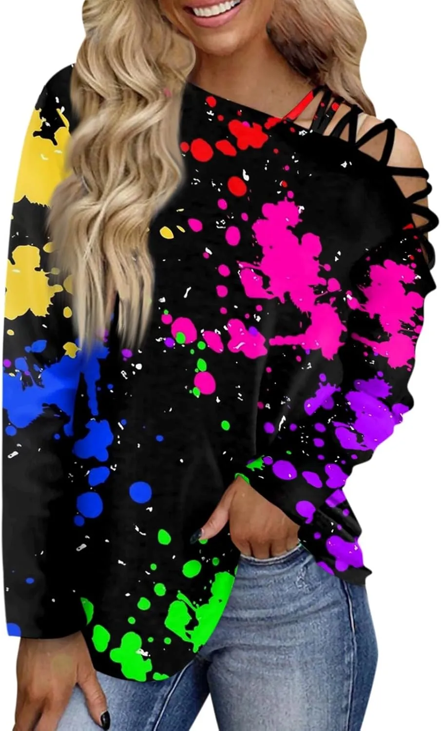 JJHAEVDY Oversized Sweatshirt for Women Printing Off Shoulder Long Shirts Long Sleeve Flat Neck Outfits Comfy Sweatshirts