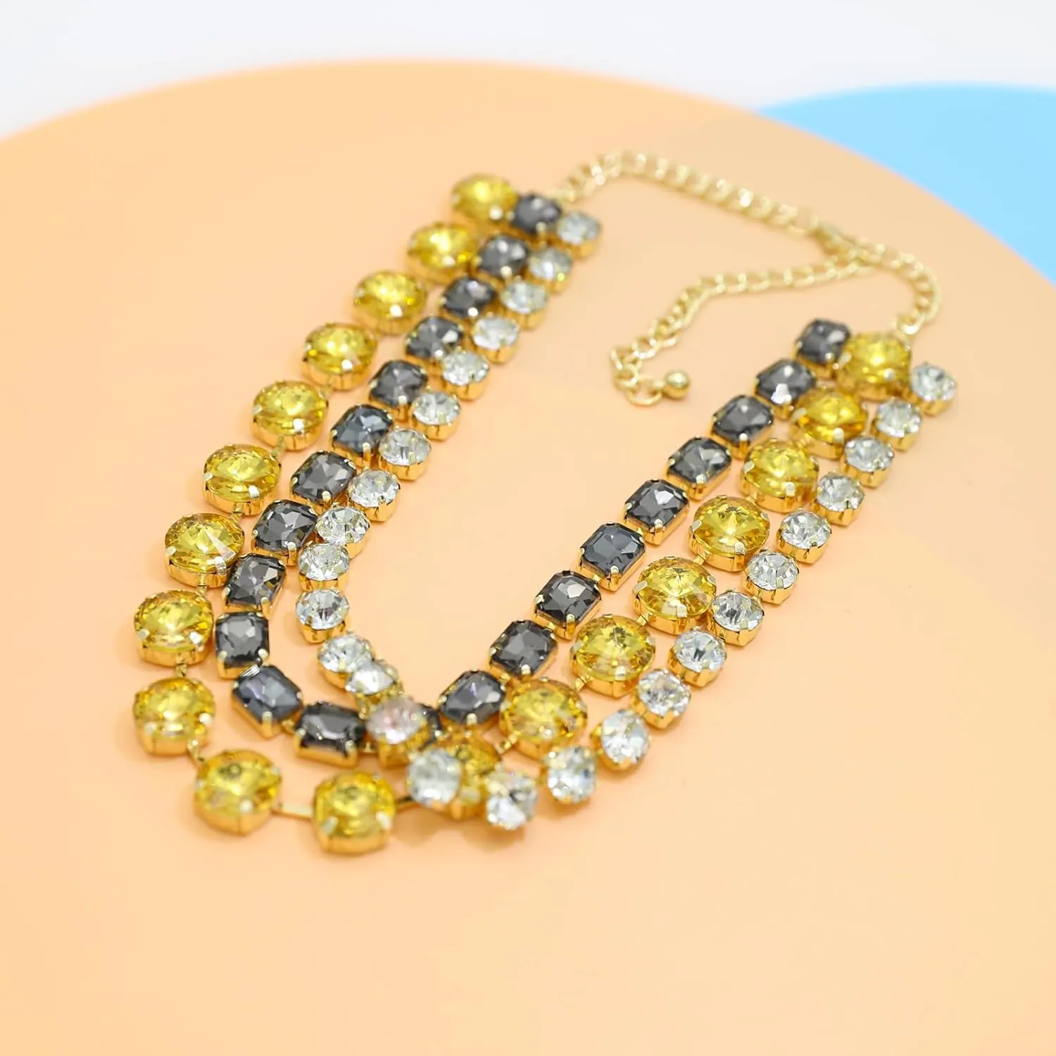 JNF Chunky Colorful Crystal Rhinestone Choker Collar Necklace for Women Twisted 3 Strand Statement Necklace Trendy Sparkly Gold Neck Chain Wedding Bridal Jewelry