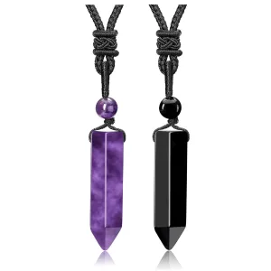Jovivi 2pcs Crystal Necklaces for Men Women Handmade Adjustable Rope Natural Amethyst Black Obsidian Hexagonal Point Healing Crystal Stone Pendant Necklaces Quartz Gemstone Jewelry Protection