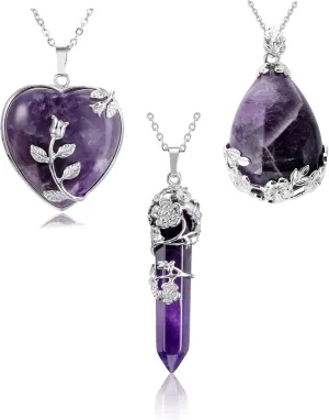 Jovivi 3 Pcs Healing Crystal Necklaces Flower Wrapped Amethyst Crystals Heart Stone Pendant Necklace Natural Reiki Energy Healing Quartz Gemstone Jewelry for Women Men