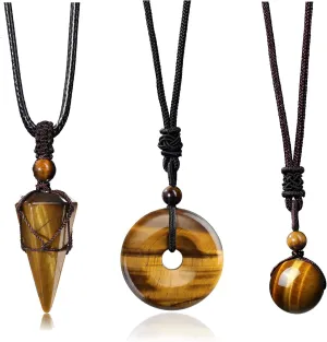 Jovivi 3 Pcs Healing Crystal Stone Necklaces Set for Men Women Natural Amethyst Black Obsidian Tiger Eye Gemstone Hexagonal Bead Donut Necklace Adjustable Rope Quartz Crystal Chakra Pendant Jewelry for Reiki Energy