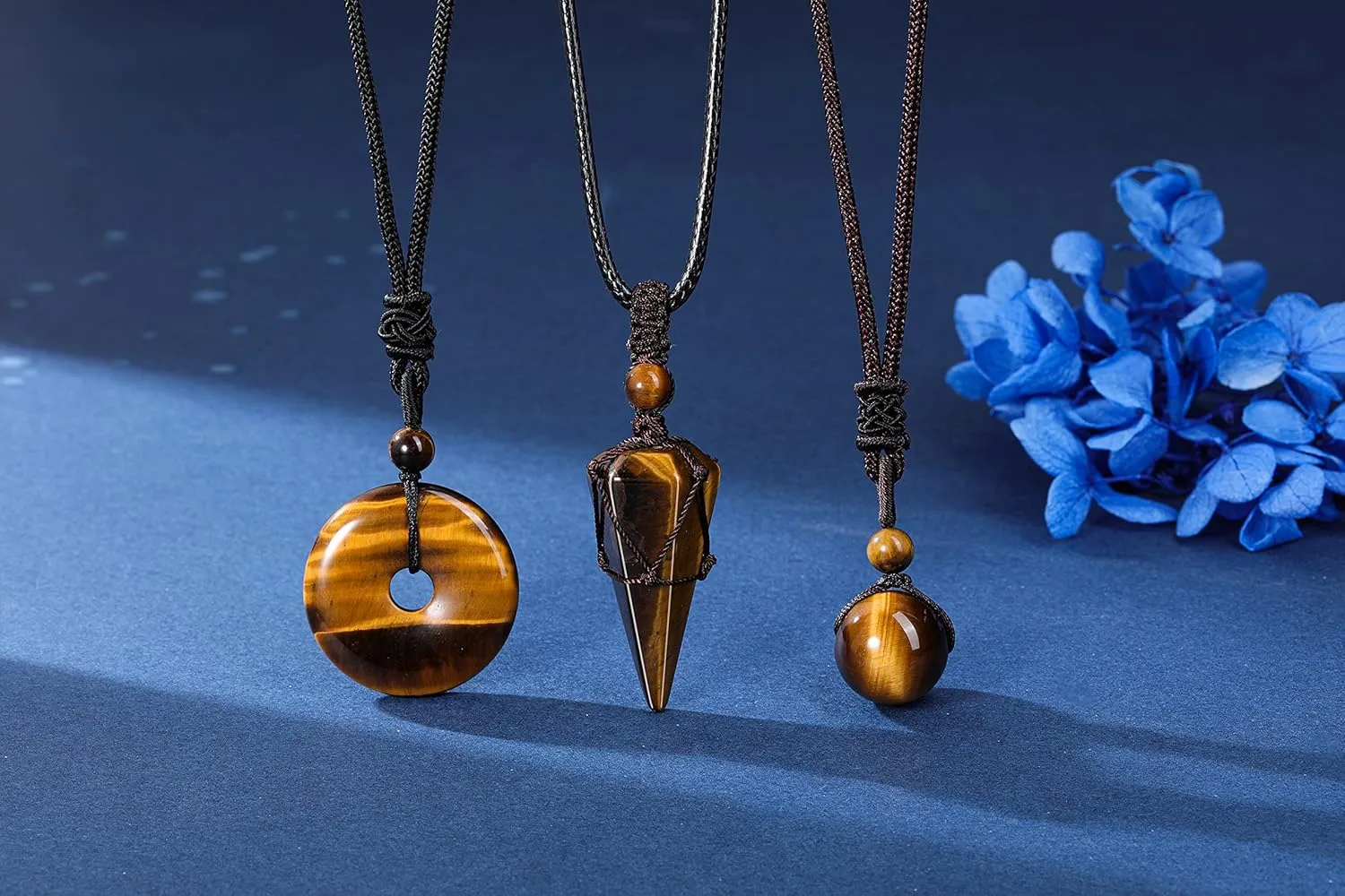 Jovivi 3 Pcs Healing Crystal Stone Necklaces Set for Men Women Natural Amethyst Black Obsidian Tiger Eye Gemstone Hexagonal Bead Donut Necklace Adjustable Rope Quartz Crystal Chakra Pendant Jewelry for Reiki Energy