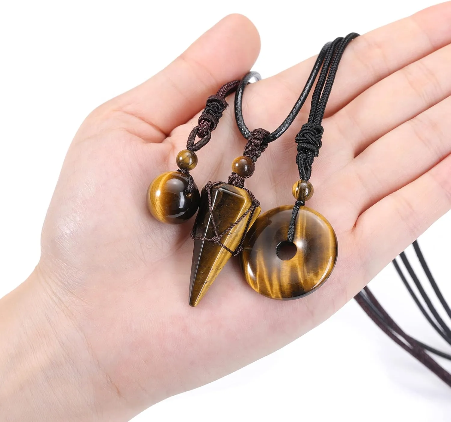 Jovivi 3 Pcs Healing Crystal Stone Necklaces Set for Men Women Natural Amethyst Black Obsidian Tiger Eye Gemstone Hexagonal Bead Donut Necklace Adjustable Rope Quartz Crystal Chakra Pendant Jewelry for Reiki Energy