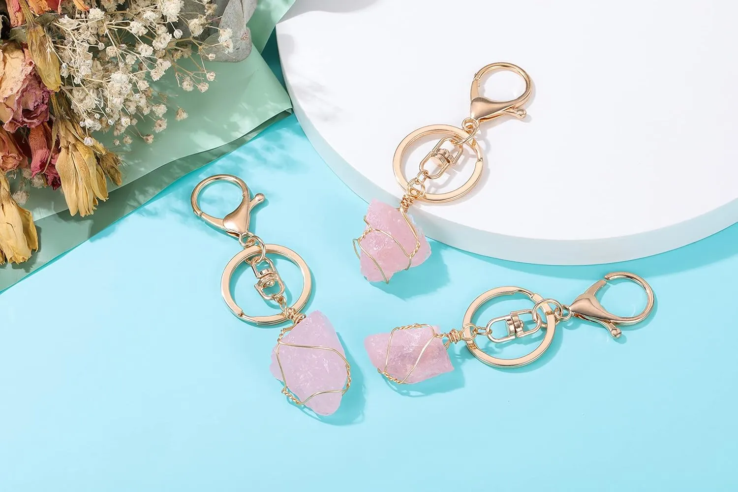Jovivi Natural Raw Quartz Crystal Stone Keychain Wire Wrapped Irregular Rough Gemstone Healing Crystal Keyring for Women Men