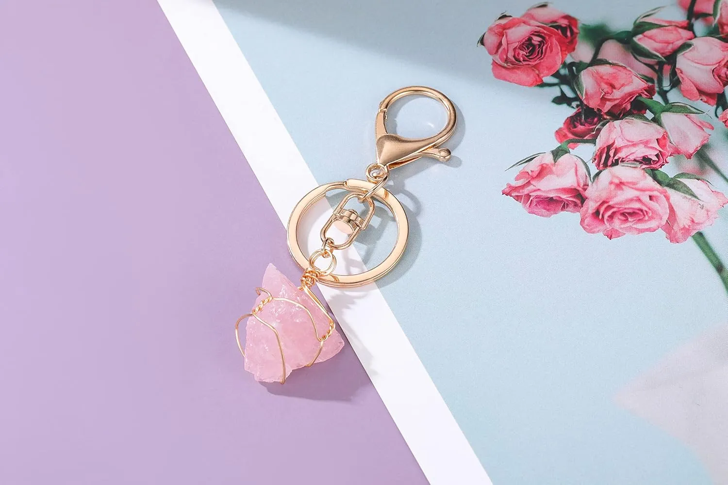 Jovivi Natural Raw Quartz Crystal Stone Keychain Wire Wrapped Irregular Rough Gemstone Healing Crystal Keyring for Women Men