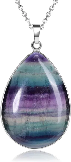 Jovivi Rainbow Fluorite Crystal Teardrop Pendant Necklace Natural Healing Stone Reiki Quartz Gemstone Necklace Jewelry for Women Men