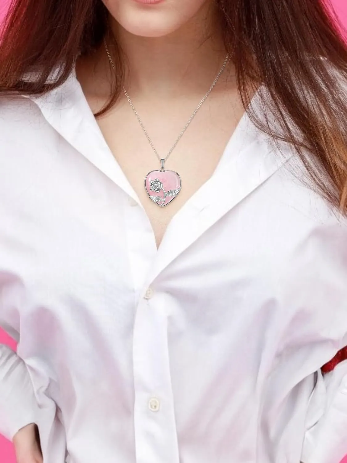 Jovivi Rose Flower Wrapped Crystal Heart Necklace Love Heart Natural Gemstone Healing Stone Pendant Necklaces Natural Spiritual Quartz Jewelry for Women Valentines Birthday Gifts